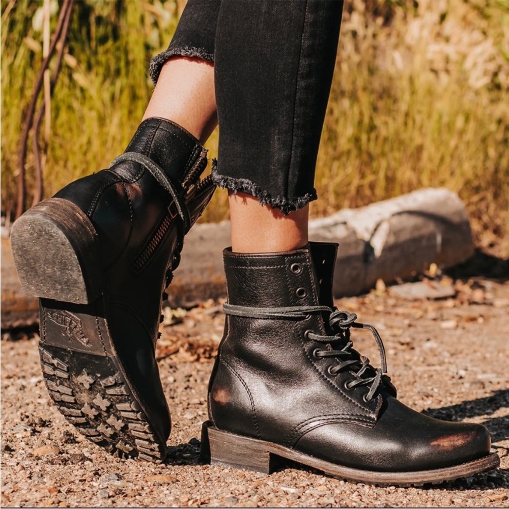 Freebird by Steven: Manchester Black Leather Ankle Combat Boots